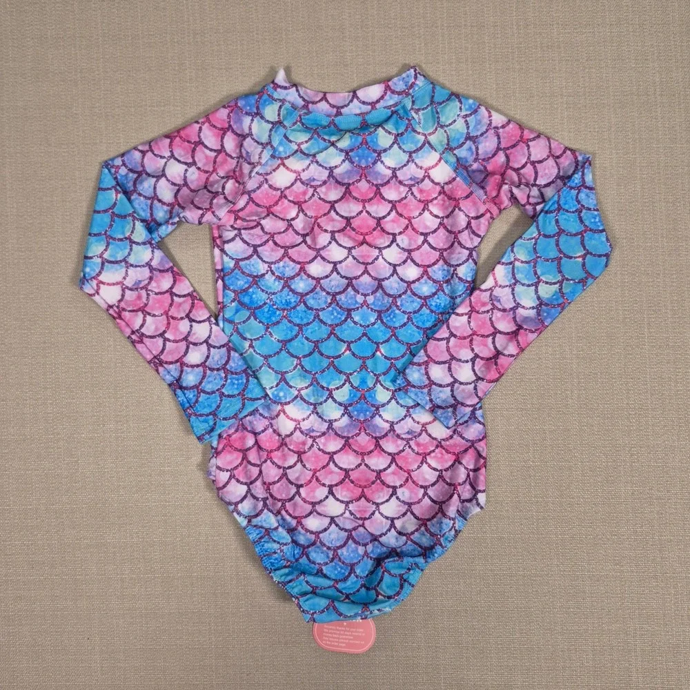 Fashion Girls Mermaid Scale Long Sleeve One Piece Swimsuit Pink Blue Size 120